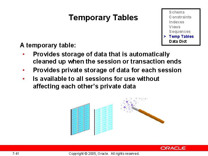 Temporary Tables Schema Constraints Indexes Views Sequences > Temp Tables Data Dict A temporary Temporary Tables Schema Constraints Indexes Views Sequences > Temp Tables Data Dict A temporary