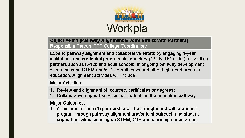 Workpla Objective # 1 (Pathway Alignment & Joint Efforts with Partners) n Responsible Person: