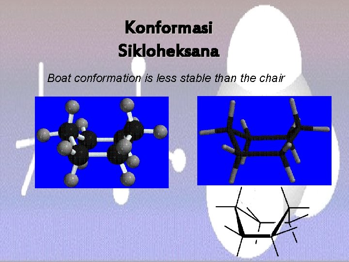 Konformasi Sikloheksana Boat conformation is less stable than the chair 