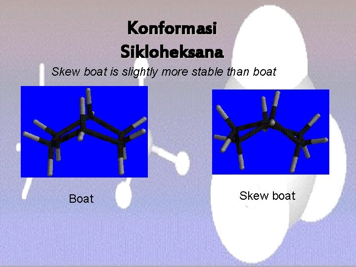 Konformasi Sikloheksana Skew boat is slightly more stable than boat Boat Skew boat 