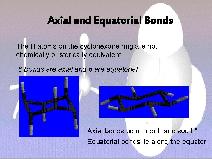 Axial and Equatorial Bonds The H atoms on the cyclohexane ring are not chemically