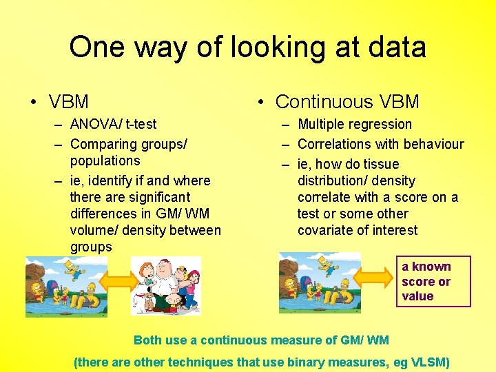 One way of looking at data • VBM • Continuous VBM – ANOVA/ t-test