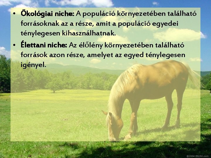  • Ökológiai niche: A populáció környezetében található forrásoknak az a része, amit a