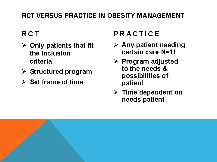 RCT VERSUS PRACTICE IN OBESITY MANAGEMENT RCT PRACTICE Ø Only patients that fit the