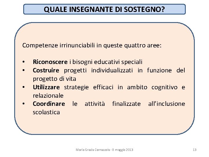 QUALE INSEGNANTE DI SOSTEGNO? Competenze irrinunciabili in queste quattro aree: • • Riconoscere i