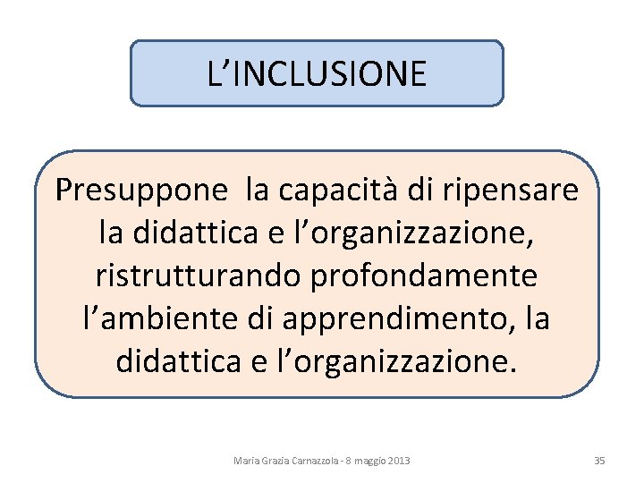 L’INCLUSIONE Presuppone la capacità di ripensare la didattica e l’organizzazione, ristrutturando profondamente l’ambiente di