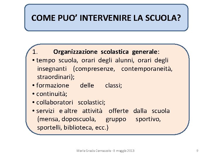 COME PUO’ INTERVENIRE LA SCUOLA? 1. Organizzazione scolastica generale: • tempo scuola, orari degli