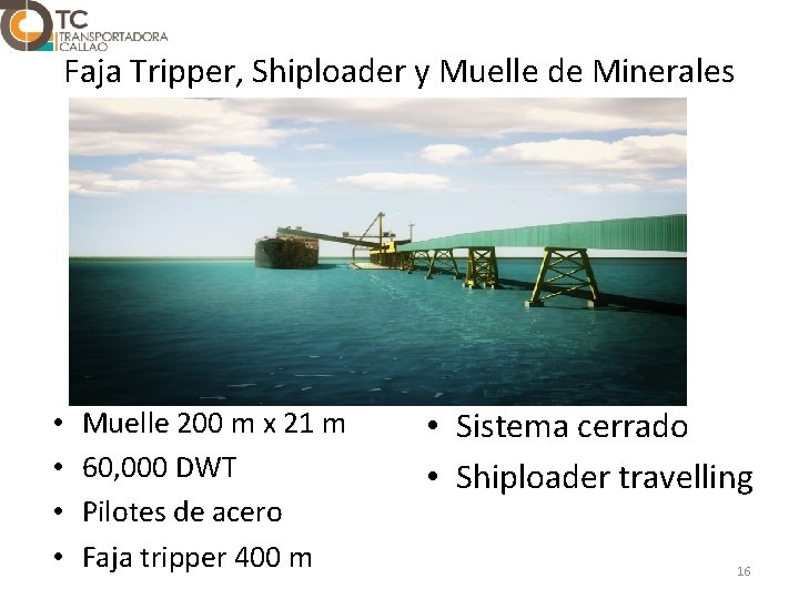 Faja Tripper, Shiploader y Muelle de Minerales • • Muelle 200 m x 21