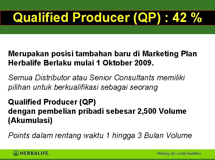 Qualified Producer (QP) : 42 % Merupakan posisi tambahan baru di Marketing Plan Herbalife