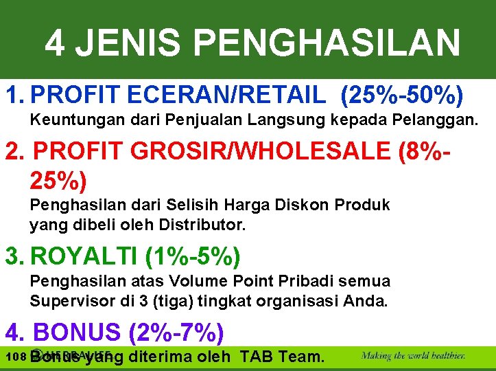 4 JENIS PENGHASILAN 1. PROFIT ECERAN/RETAIL (25%-50%) Keuntungan dari Penjualan Langsung kepada Pelanggan. 2.