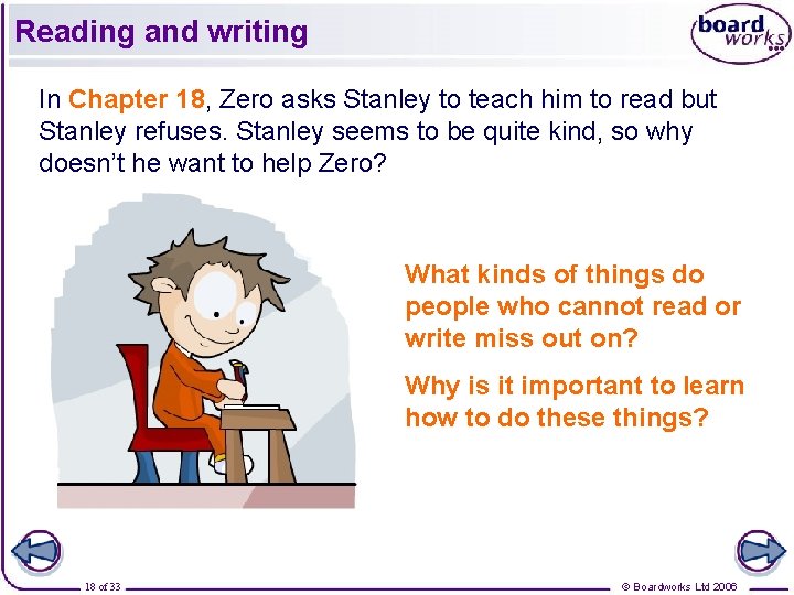 Reading and writing In Chapter 18, Zero asks Stanley to teach him to read