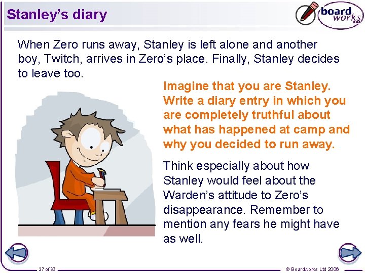 Stanley’s diary When Zero runs away, Stanley is left alone and another boy, Twitch,