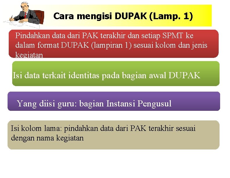 Cara mengisi DUPAK (Lamp. 1) Pindahkan data dari PAK terakhir dan setiap SPMT ke
