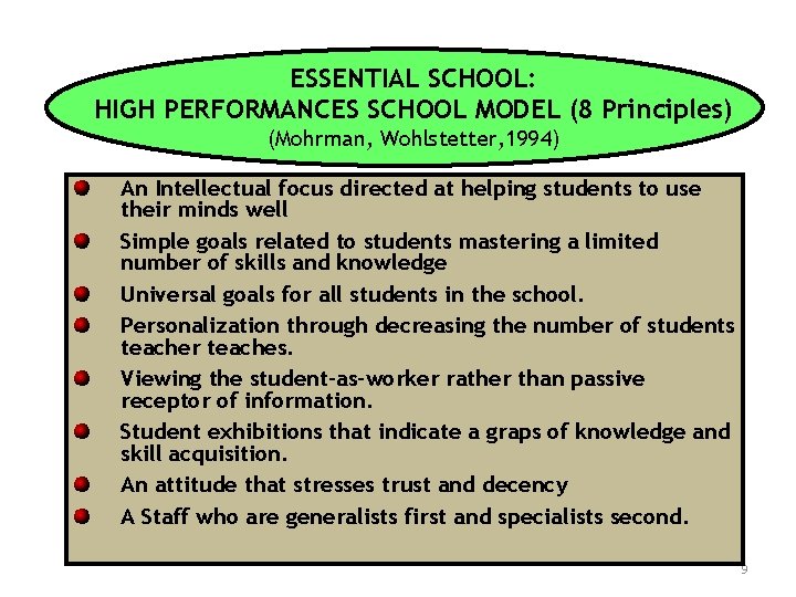 ESSENTIAL SCHOOL: HIGH PERFORMANCES SCHOOL MODEL (8 Principles) (Mohrman, Wohlstetter, 1994) An Intellectual focus