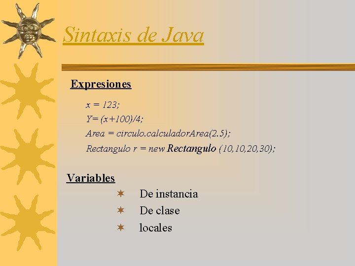 Sintaxis de Java Expresiones x = 123; Y= (x+100)/4; Area = circulo. calculador. Area(2.