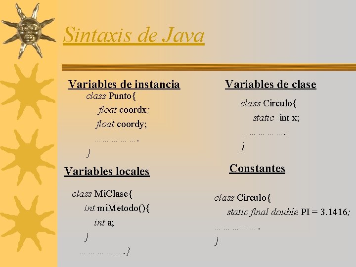 Sintaxis de Java Variables de instancia class Punto{ float coordx; float coordy; ……………. }