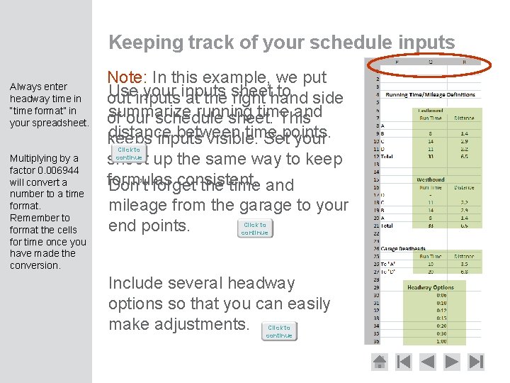Keeping track of your schedule inputs Always enter headway time in “time format” in