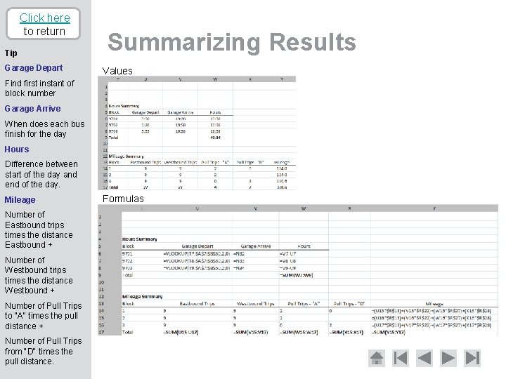 Click here to return Tip Garage Depart Summarizing Results Values Find first instant of