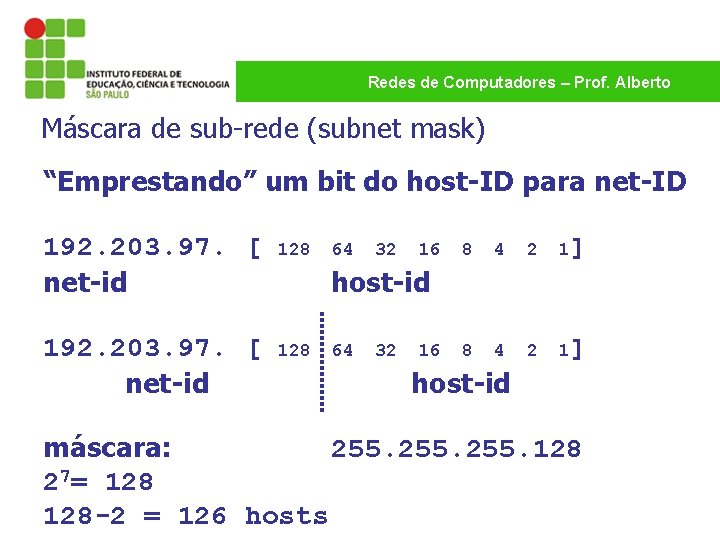 Redes de Computadores – Prof. Alberto Máscara de sub-rede (subnet mask) “Emprestando” um bit