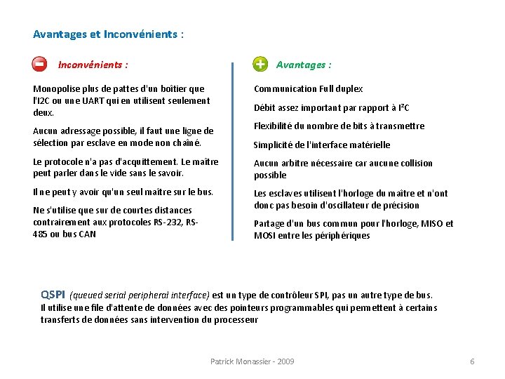 Avantages et Inconvénients : Avantages : Monopolise plus de pattes d'un boîtier que l'I