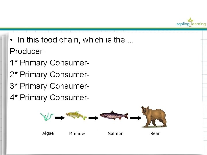  • In this food chain, which is the … Producer 1* Primary Consumer