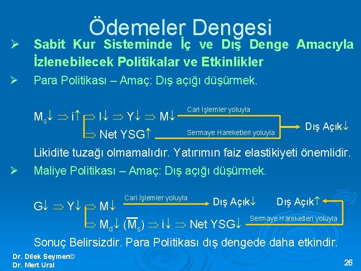 Ödemeler Dengesi Ø Sabit Kur Sisteminde İç ve Dış Denge Amacıyla İzlenebilecek Politikalar ve