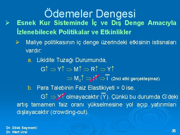 Ödemeler Dengesi Ø Esnek Kur Sisteminde İç ve Dış Denge Amacıyla İzlenebilecek Politikalar ve