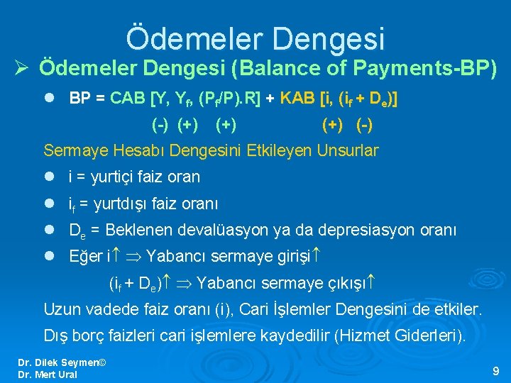 Ödemeler Dengesi Ø Ödemeler Dengesi (Balance of Payments-BP) l BP = CAB [Y, Yf,