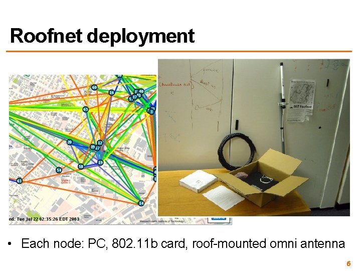 Roofnet deployment • Each node: PC, 802. 11 b card, roof-mounted omni antenna 6