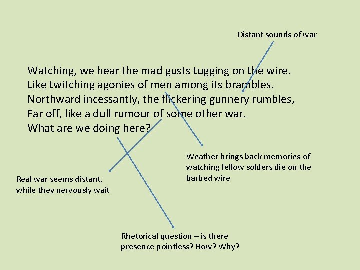 Distant sounds of war Watching, we hear the mad gusts tugging on the wire.