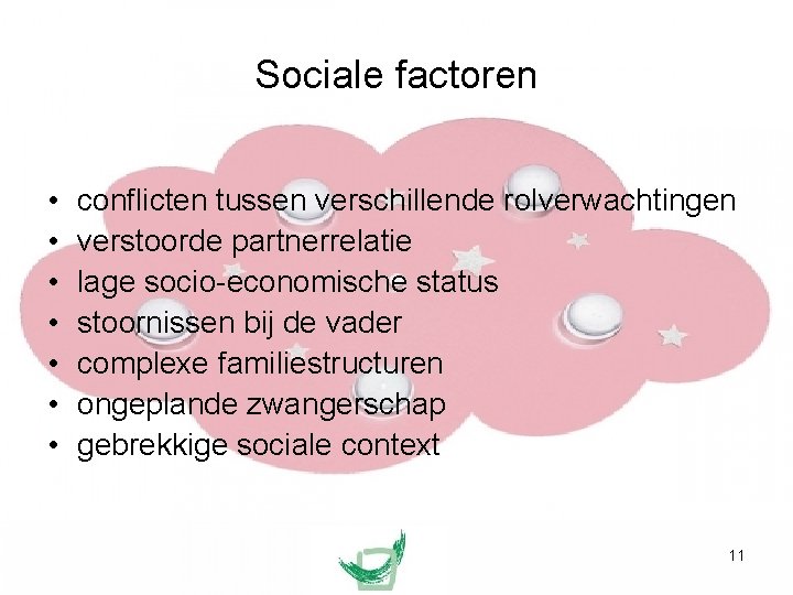 Sociale factoren • • conflicten tussen verschillende rolverwachtingen verstoorde partnerrelatie lage socio-economische status stoornissen