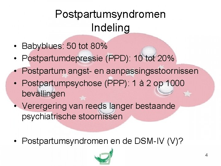 Postpartumsyndromen Indeling • • Babyblues: 50 tot 80% Postpartumdepressie (PPD): 10 tot 20% Postpartum