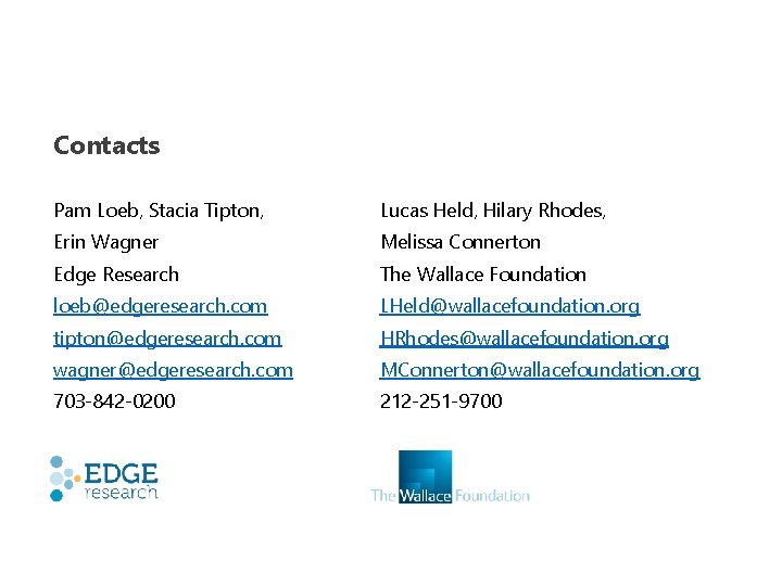 Contacts Pam Loeb, Stacia Tipton, Lucas Held, Hilary Rhodes, Erin Wagner Melissa Connerton Edge