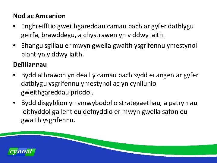 Nod ac Amcanion • Enghreifftio gweithgareddau camau bach ar gyfer datblygu geirfa, brawddegu, a