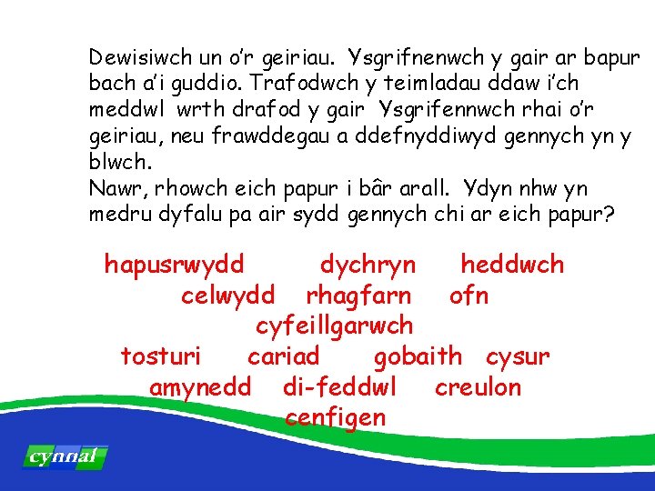 Dewisiwch un o’r geiriau. Ysgrifnenwch y gair ar bapur bach a’i guddio. Trafodwch y