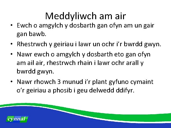 Meddyliwch am air • Ewch o amgylch y dosbarth gan ofyn am un gair