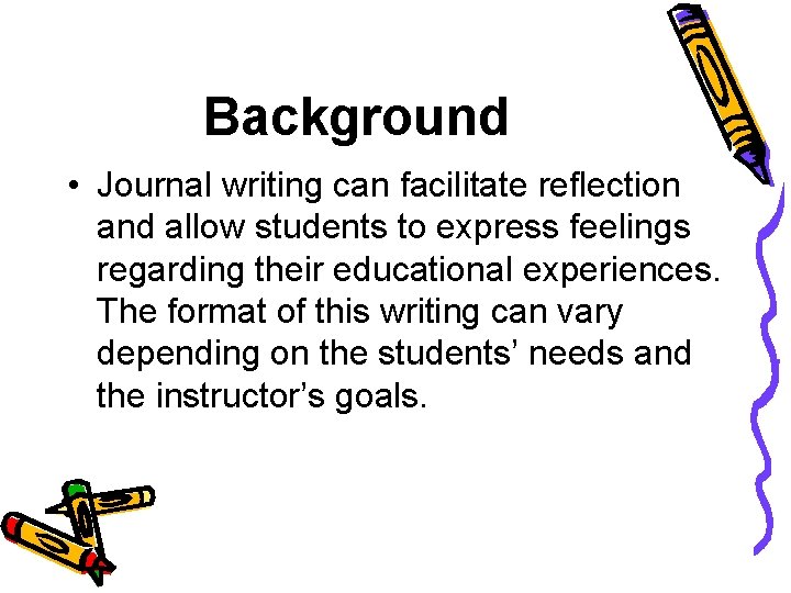 Background • Journal writing can facilitate reflection and allow students to express feelings regarding