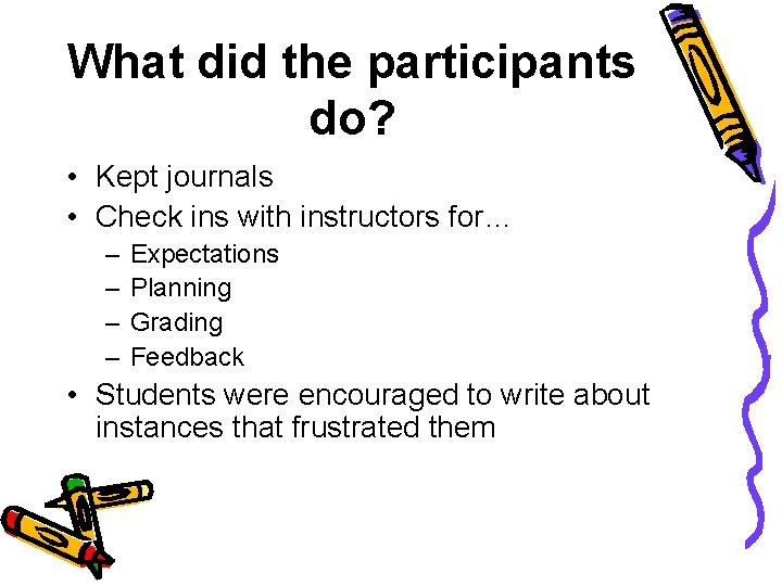 What did the participants do? • Kept journals • Check ins with instructors for…