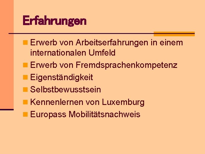 Erfahrungen n Erwerb von Arbeitserfahrungen in einem internationalen Umfeld n Erwerb von Fremdsprachenkompetenz n