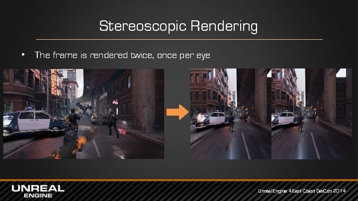 Stereoscopic Rendering • The frame is rendered twice, once per eye Unreal Engine 4