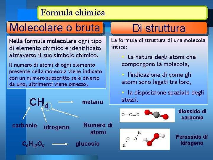 Formula chimica Molecolare o bruta Di struttura Nella formula molecolare ogni tipo di elemento