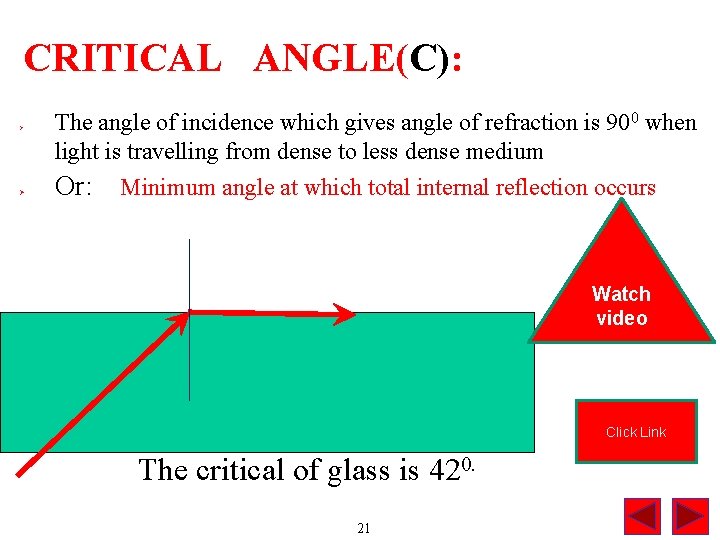 CRITICAL ANGLE(C): Ø Ø The angle of incidence which gives angle of refraction is