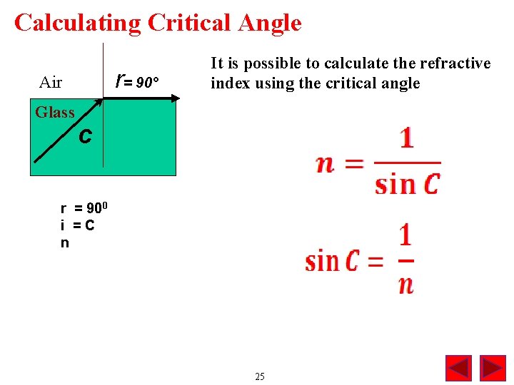 Calculating Critical Angle r= 90° Air Glass It is possible to calculate the refractive