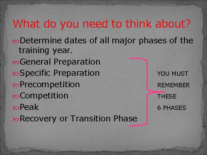 What do you need to think about? Determine dates of all major phases of