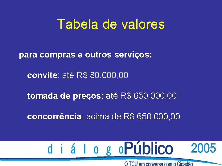 Tabela de valores para compras e outros serviços: convite: até R$ 80. 000, 00