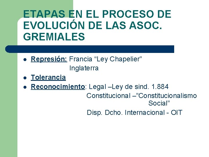 ETAPAS EN EL PROCESO DE EVOLUCIÓN DE LAS ASOC. GREMIALES l l l Represión: ETAPAS EN EL PROCESO DE EVOLUCIÓN DE LAS ASOC. GREMIALES l l l Represión: