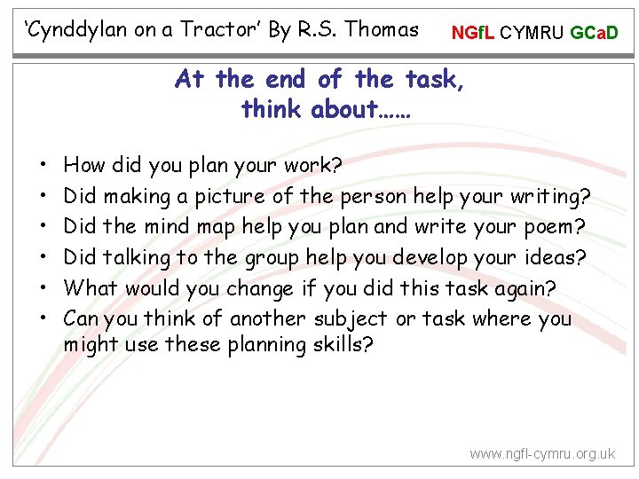‘Cynddylan on a Tractor’ By R. S. Thomas NGf. L CYMRU GCa. D At