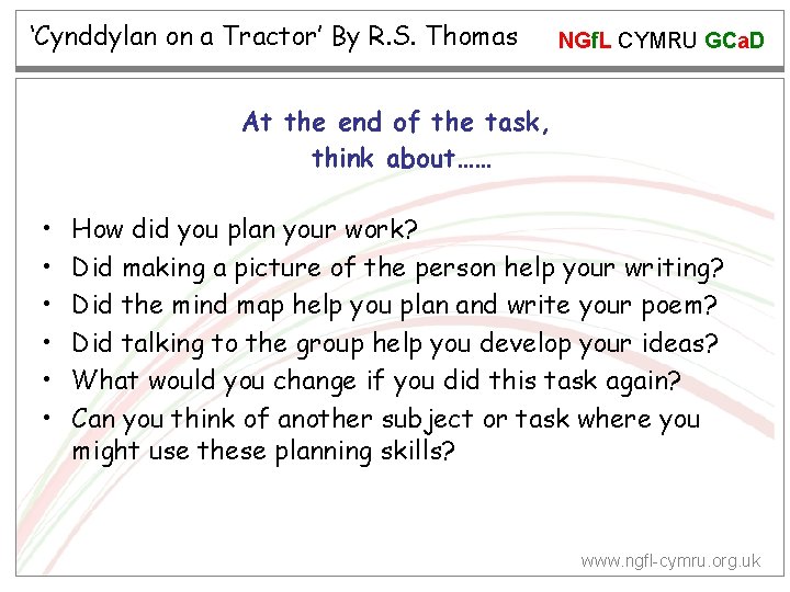 ‘Cynddylan on a Tractor’ By R. S. Thomas NGf. L CYMRU GCa. D At