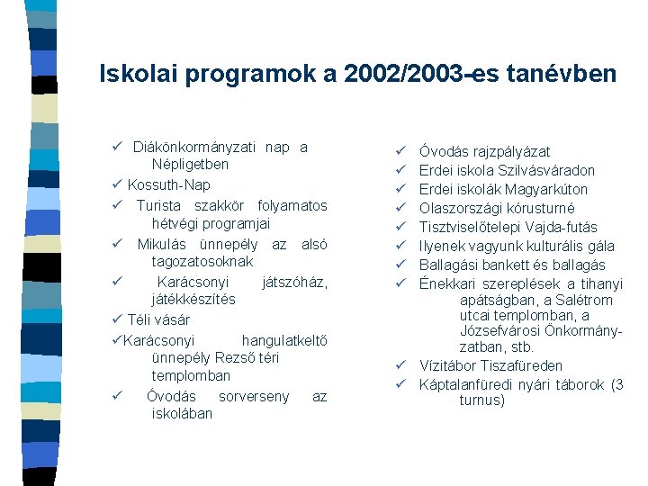 Iskolai programok a 2002/2003 -es tanévben ü Diákönkormányzati nap a Népligetben ü Kossuth-Nap ü