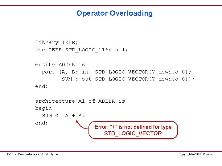 Operator Overloading library IEEE; use IEEE. STD_LOGIC_1164. all; entity ADDER is port (A, B: